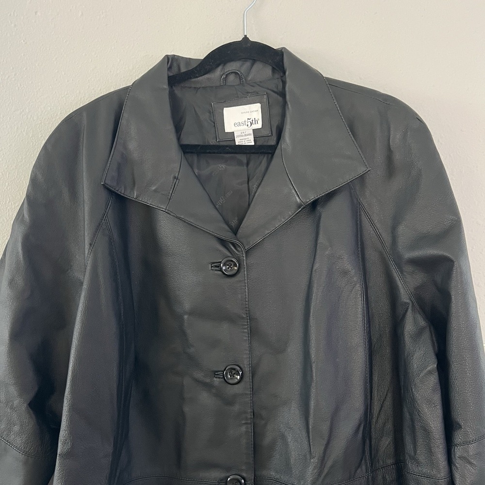 East 5th Black Genuine Leather Jacket Womens 2X Button Front Coat‎ Sleek Clean - Picture 4 of 9
